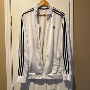Adidas White Men’s Zip Up Jacket with Classic Black Stripes Medium